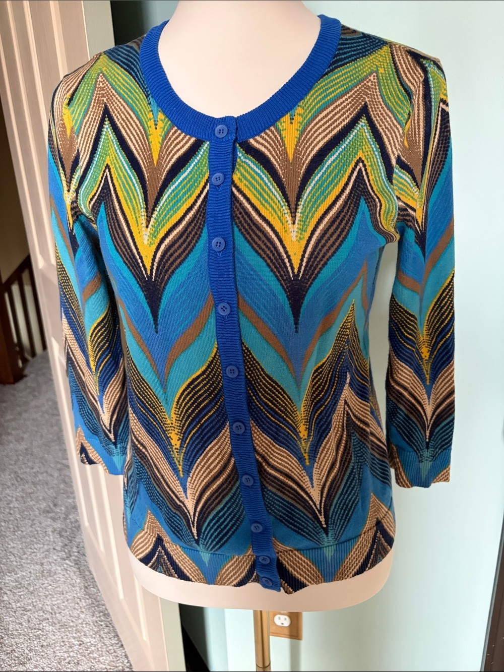 Anthropologie Blue Multi-Color Patterned Button-Front Women's sweater
